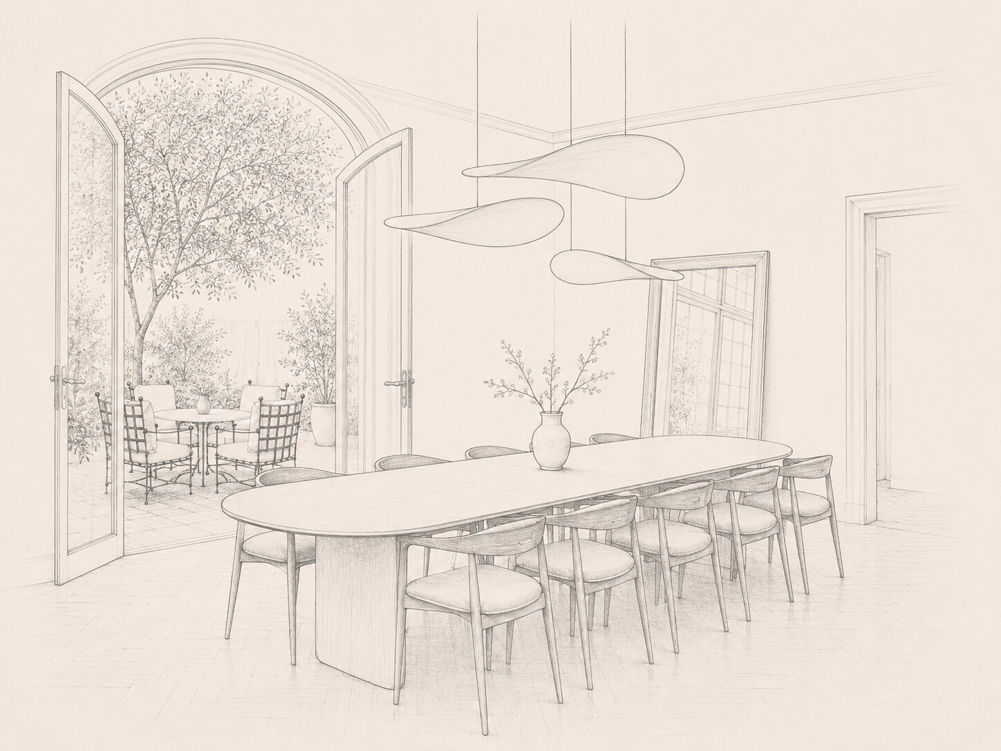 Illustratie van de binnentuin en lange tafel van VIE Breda.